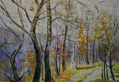 Oil painting Autumn: pastel forest with bare trees and golden leaves