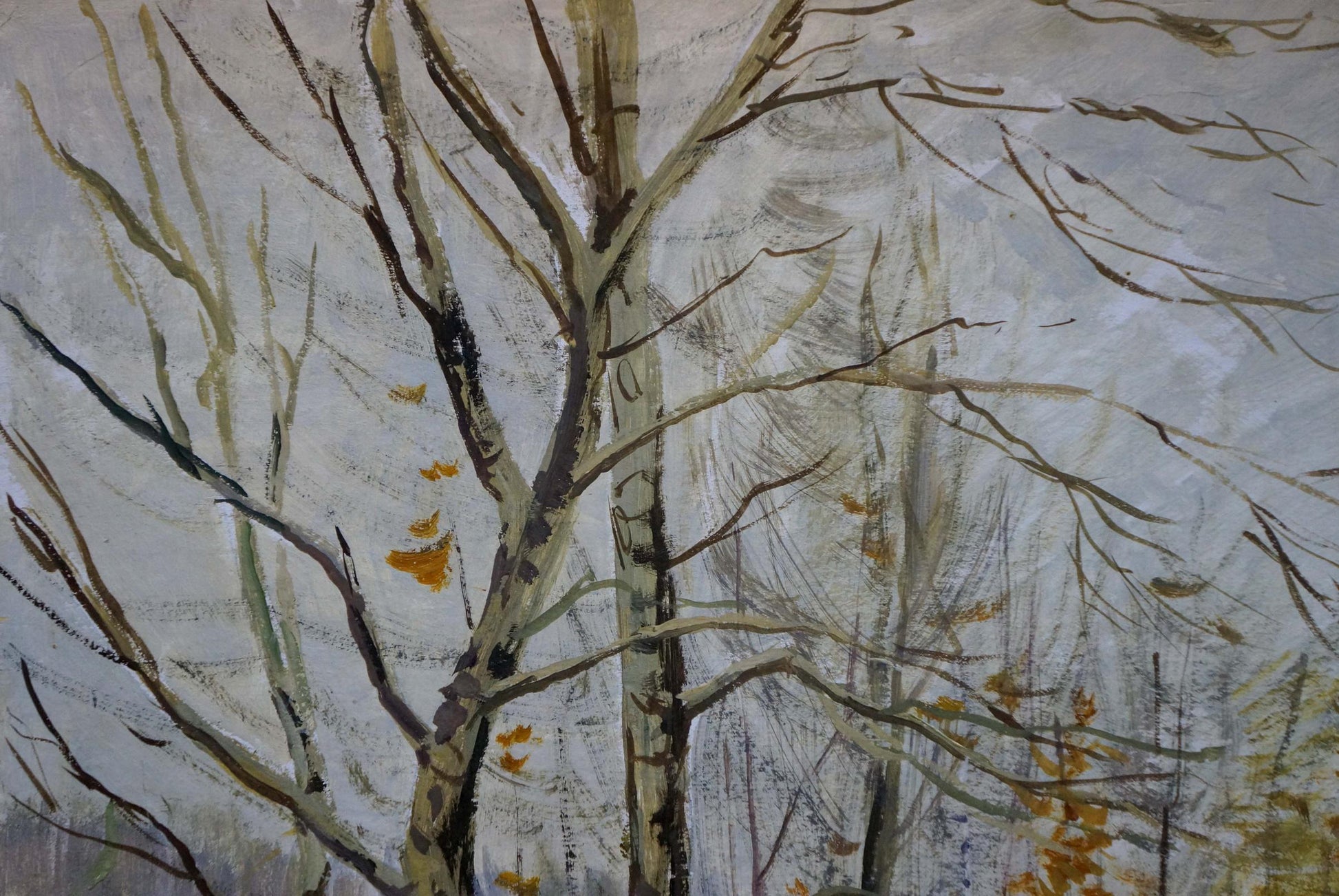 Oil painting Autumn: watercolor bare tree branches, orange leaves, gray sky