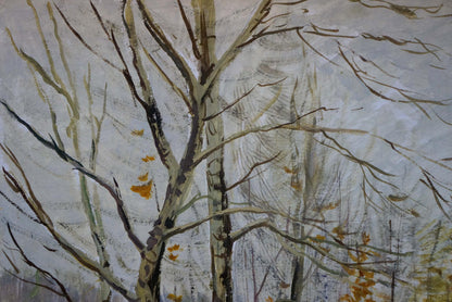 Oil painting Autumn: watercolor bare tree branches, orange leaves, gray sky