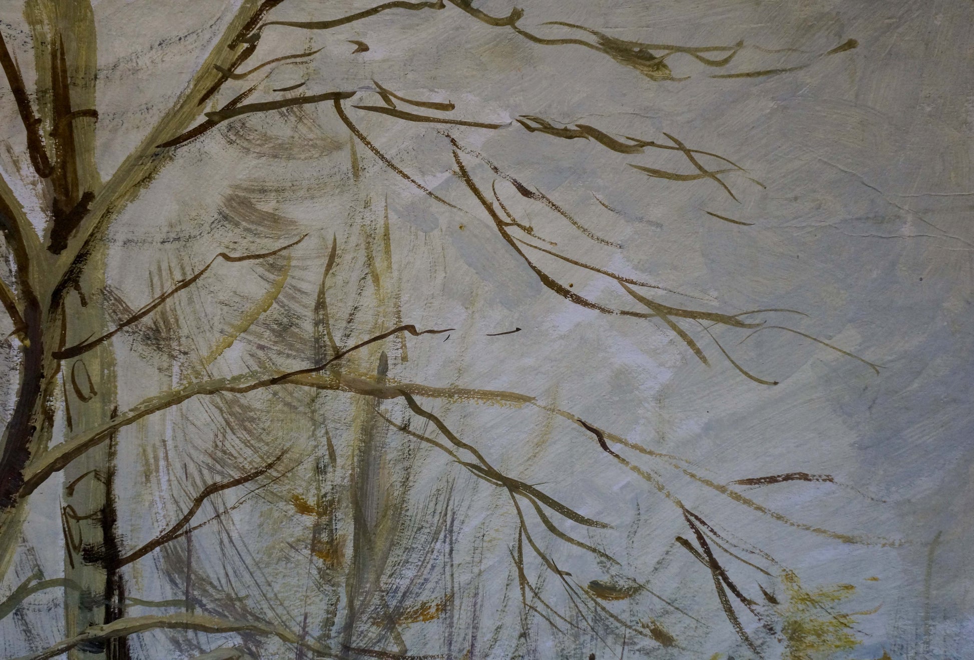 Oil painting Autumn textured bare tree branches in earthy browns grays