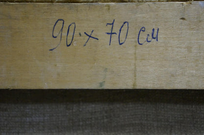 Back of Rudenko Vladimir Mikhailovich oil painting with blue ink dimensions on plank