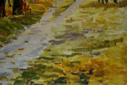 Oil painting Autumn: textured path through vibrant yellow-green foliage