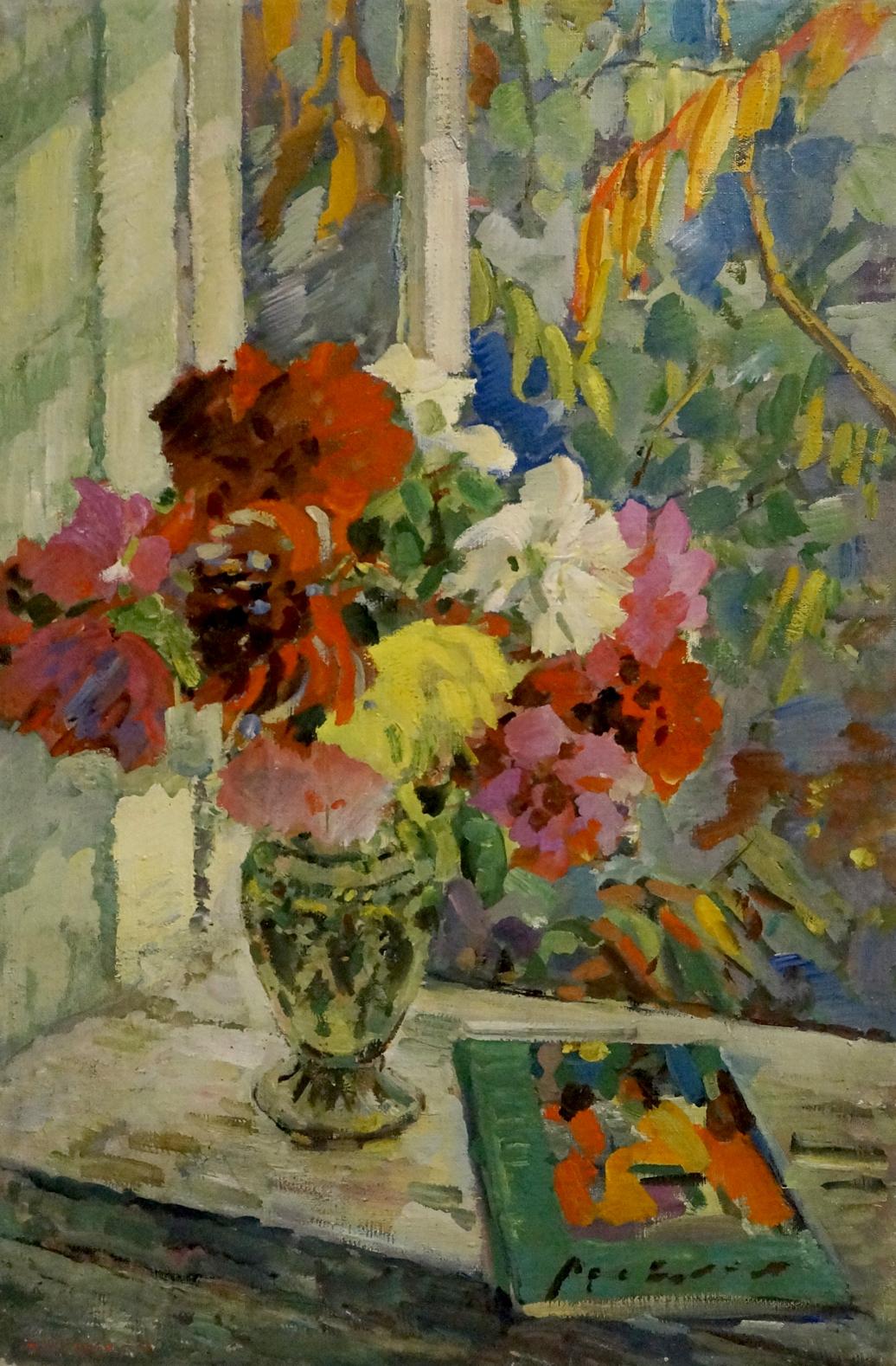 Oil painting of vibrant mixed-color flowers in green vase by Neklyuenko Nikolay Pavlovich