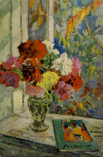 Oil painting of vibrant mixed-color flowers in green vase by Neklyuenko Nikolay Pavlovich