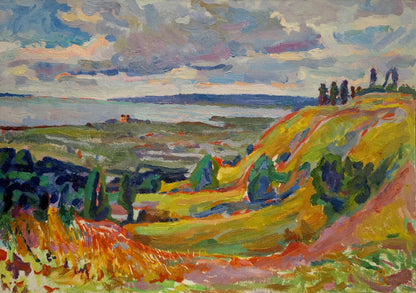 Vibrant impressionist oil painting by Zabashta Vasily Ivanovich: golden hills, blue sea