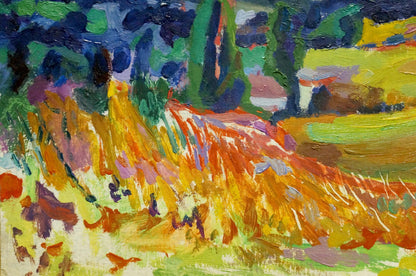 Vibrant impressionist oil painting by Zabashta Vasily Ivanovich of sunlit mountain field