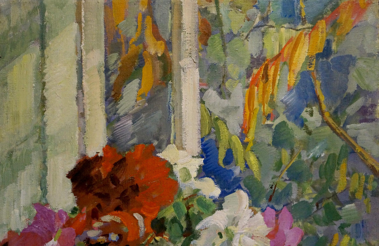 Vibrant impressionist oil painting by Neklyuenko Nikolay Pavlovich: red, white, purple flowers, green foliage, architecture