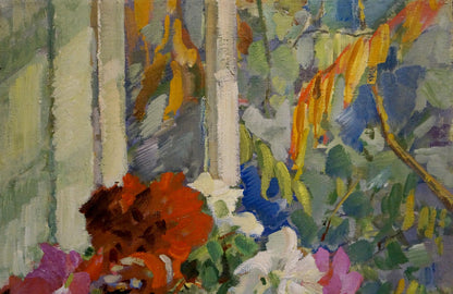 Vibrant impressionist oil painting by Neklyuenko Nikolay Pavlovich: red, white, purple flowers, green foliage, architecture