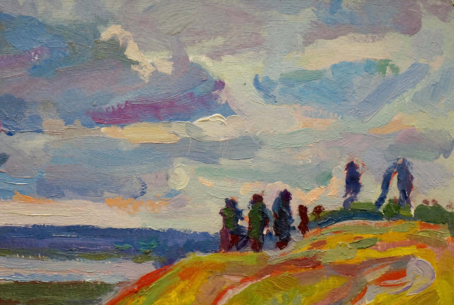 Vibrant impressionist oil painting by Zabashta Vasily Ivanovich of silhouetted figures against dynamic sky over hills