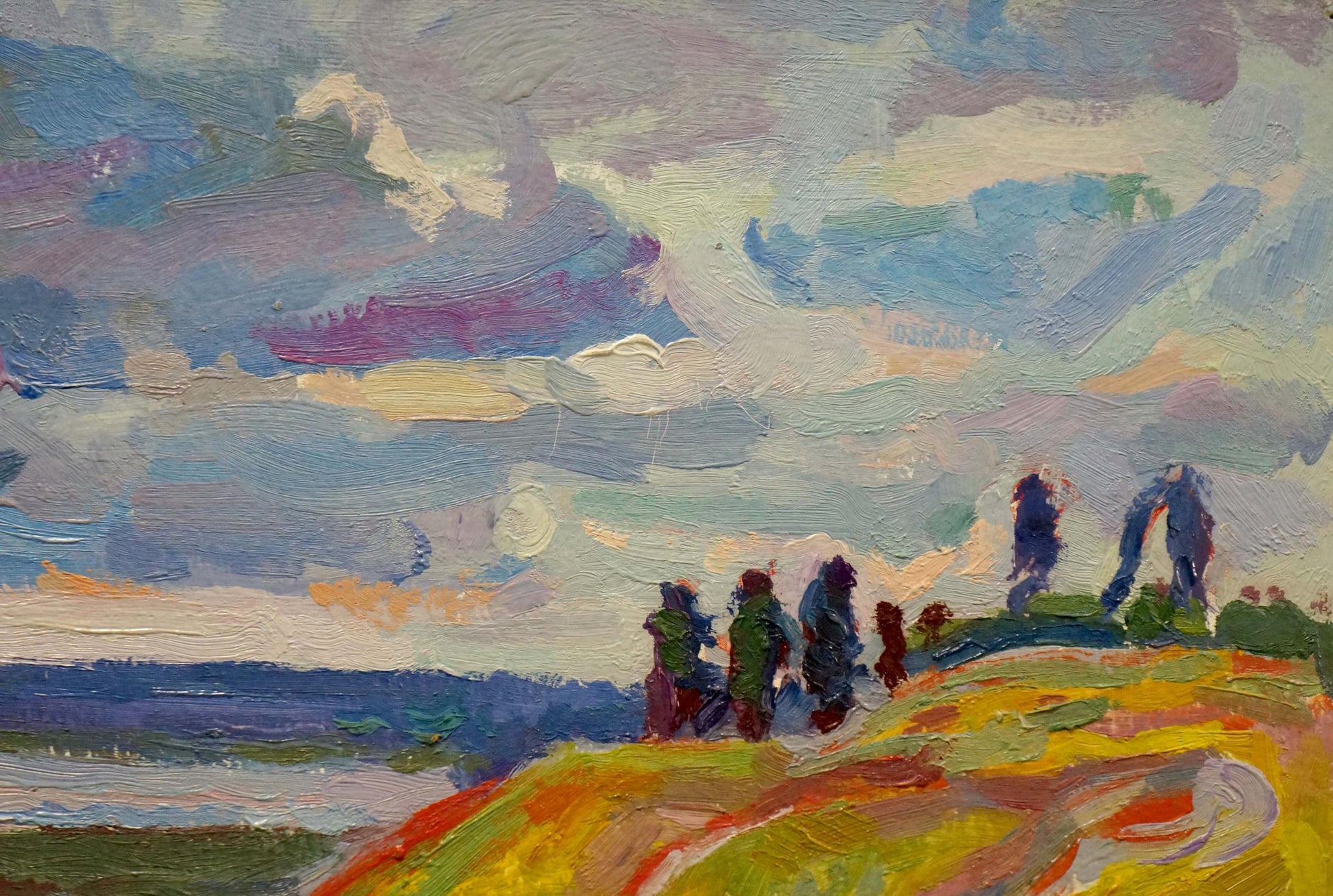 Vibrant impressionist oil painting by Zabashta Vasily Ivanovich of silhouetted figures against dynamic sky over hills