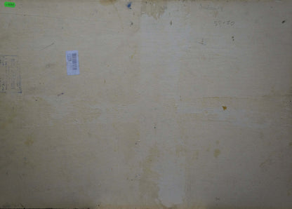 Back of beige worn canvas oil painting Mountain landscape by Zabashta Vasily Ivanovich with pencil markings and barcode sticker