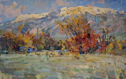 Autumn oil painting of vibrant foliage and mountains by Stepan Filippovich Golub