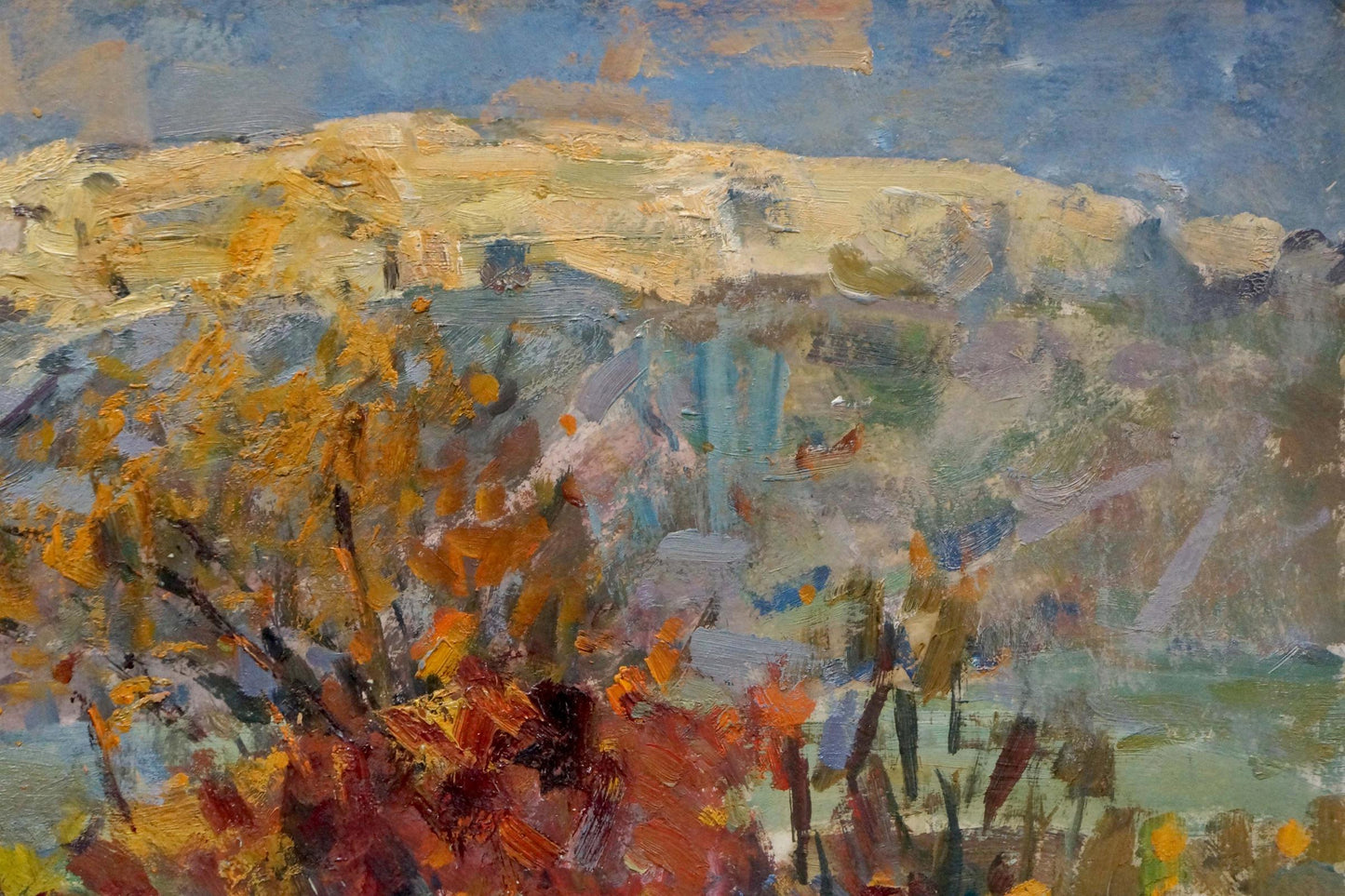 Oil painting by Stepan Filippovich Golub: impressionistic autumn trees and hills