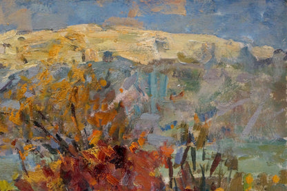 Oil painting by Stepan Filippovich Golub: impressionistic autumn trees and hills