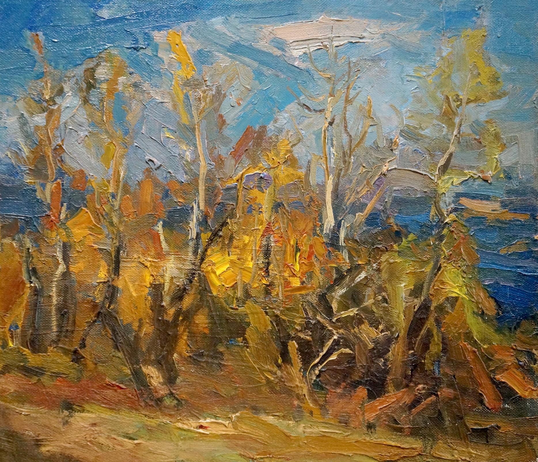 Impasto oil painting of autumn deciduous forest in warm yellows, oranges, browns