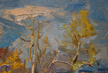 Oil painting of autumn deciduous forest with golden tree branches