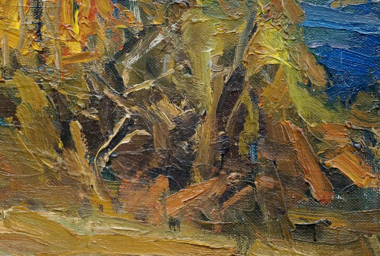 Oil painting of autumn deciduous forest in earthy impasto tones
