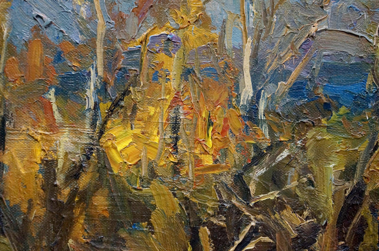 Textured oil painting of autumn deciduous forest in yellow, orange, blue