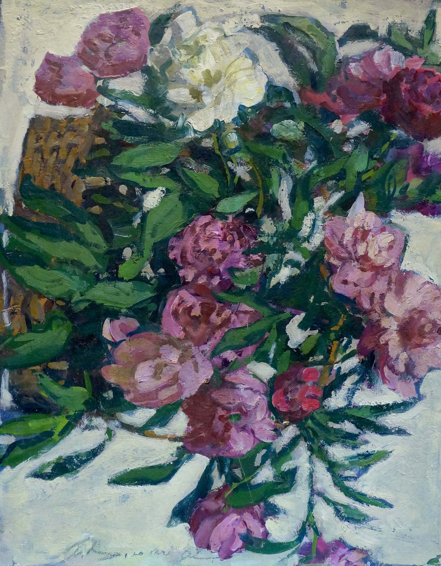 Vibrant oil painting of pink white peonies by Volsky Petr Dmitrievich