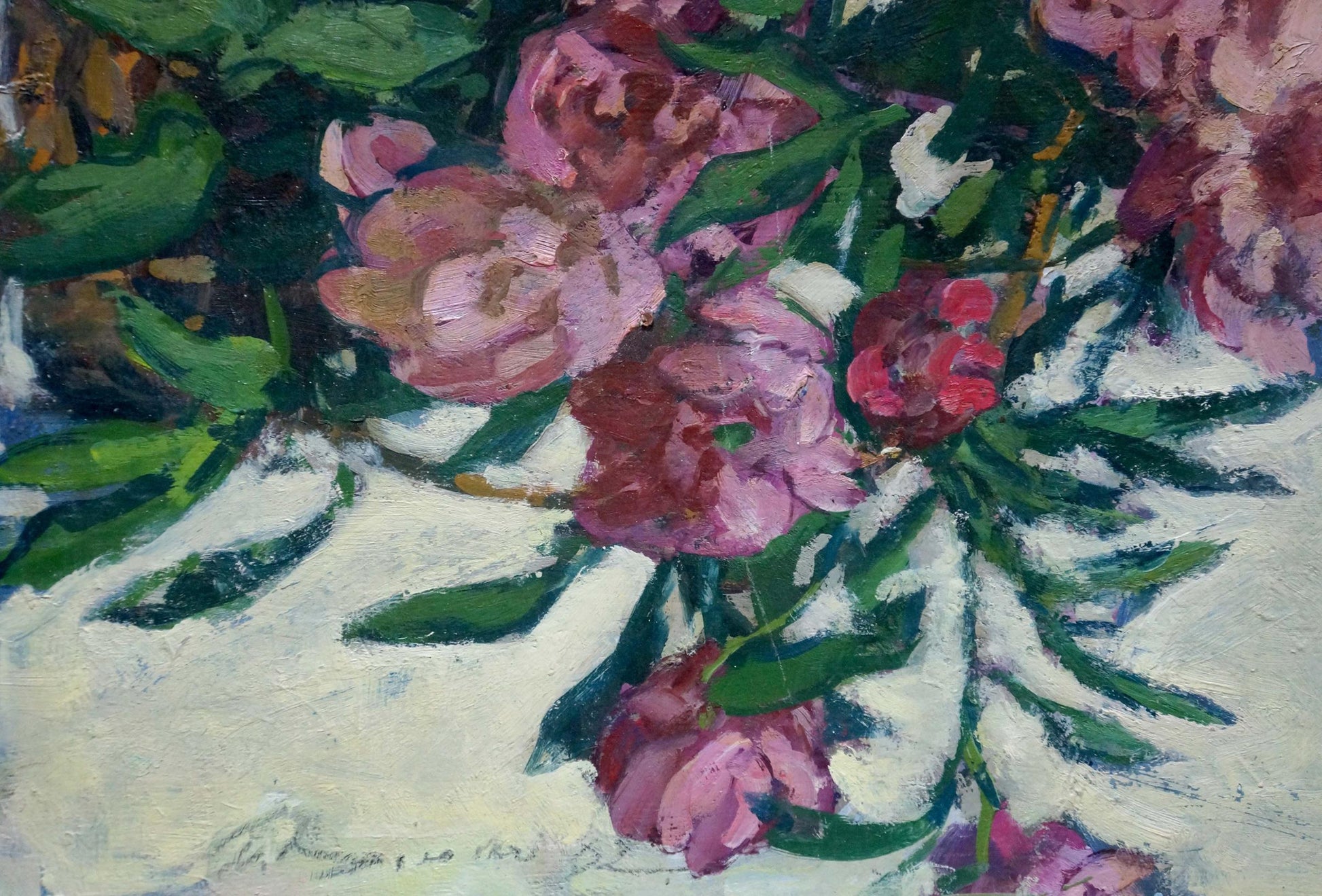 Oil painting Still life by Volsky Petr Dmitrievich: pink peonies and green leaves