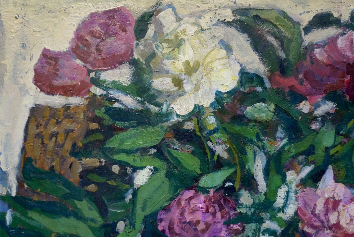 A vibrant oil painting featuring lush pink and white peonies with bold green leaves, rendered in thick impasto strokes.