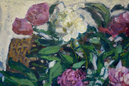 A vibrant oil painting featuring lush pink and white peonies with bold green leaves, rendered in thick impasto strokes.