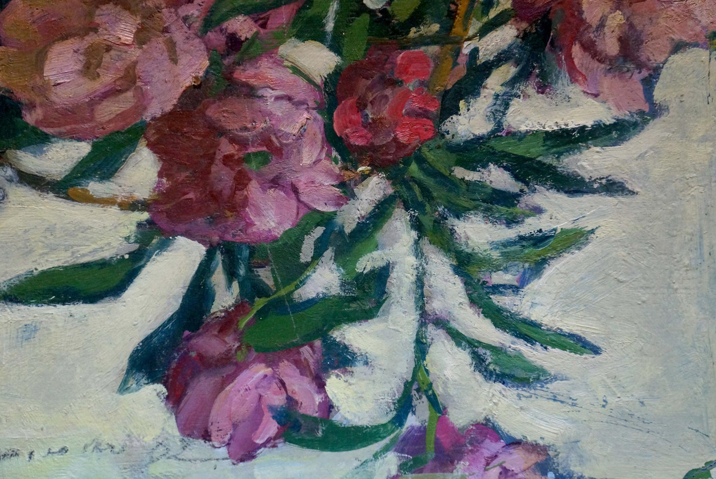 Vibrant oil painting of pink red peonies by Volsky Petr Dmitrievich
