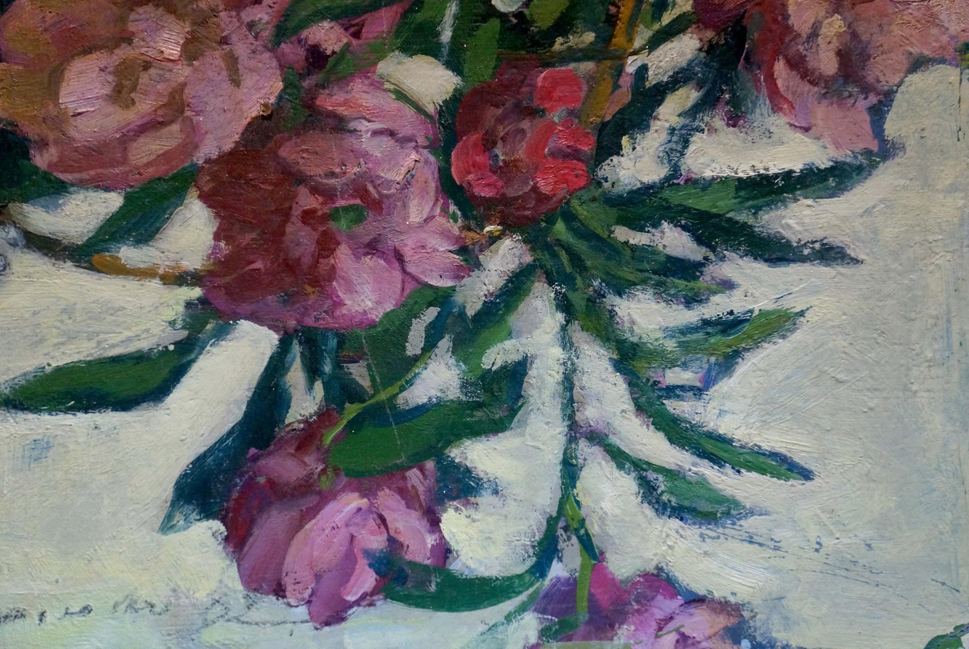 Vibrant oil painting of pink red peonies by Volsky Petr Dmitrievich