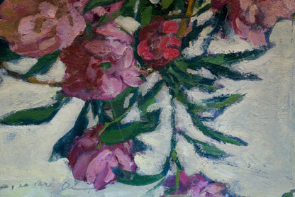 Vibrant oil painting of pink red peonies by Volsky Petr Dmitrievich