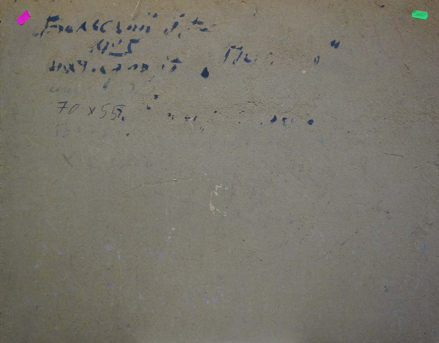 Back of oil painting Still life by Volsky Petr Dmitrievich, beige textured surface with markings and stickers