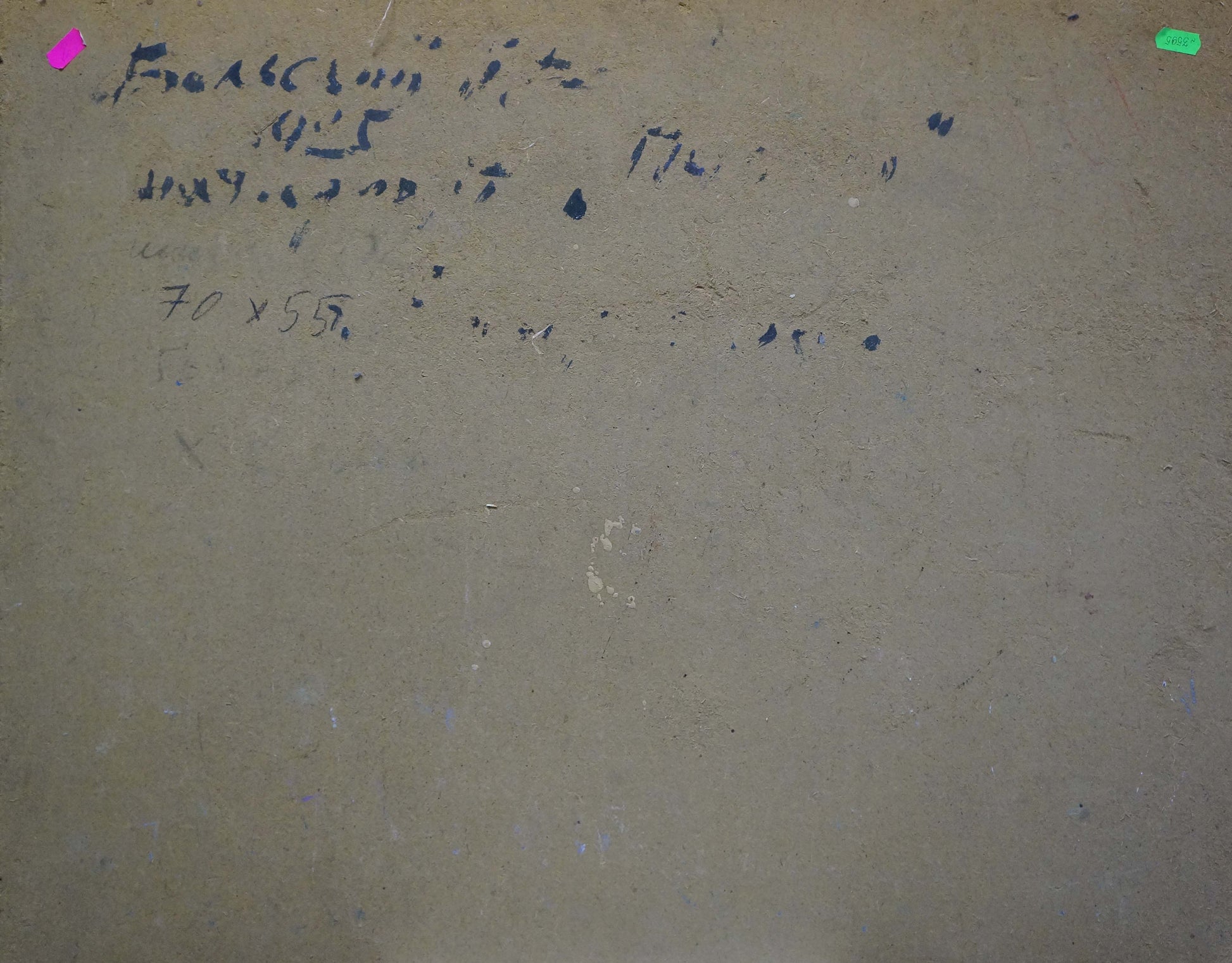 Back of oil painting Still life by Volsky Petr Dmitrievich, beige textured surface with markings and stickers