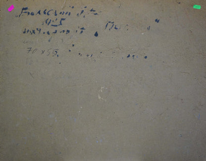 Back of oil painting Still life by Volsky Petr Dmitrievich, beige textured surface with markings and stickers