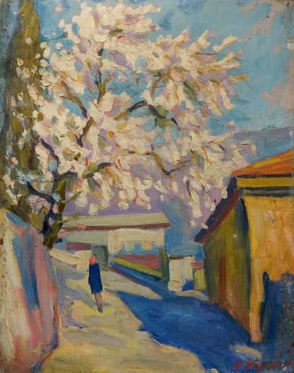 Vibrant oil painting by Karelin Vyacheslav: blossoming tree over sunlit alley
