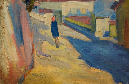 Oil painting of person in blue coat red hat on sunlit impressionistic street by Karelin Vyacheslav