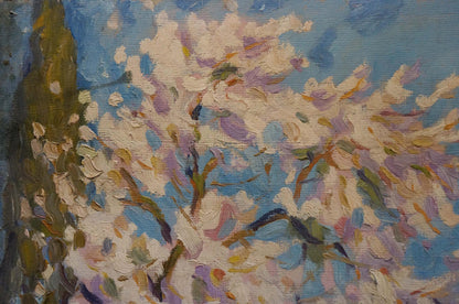 Textured oil painting of blossoming tree by Karelin Vyacheslav