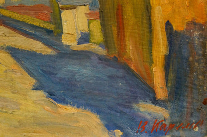 A vibrant abstract oil painting featuring bold strokes of blue, yellow, and orange on a textured canvas.