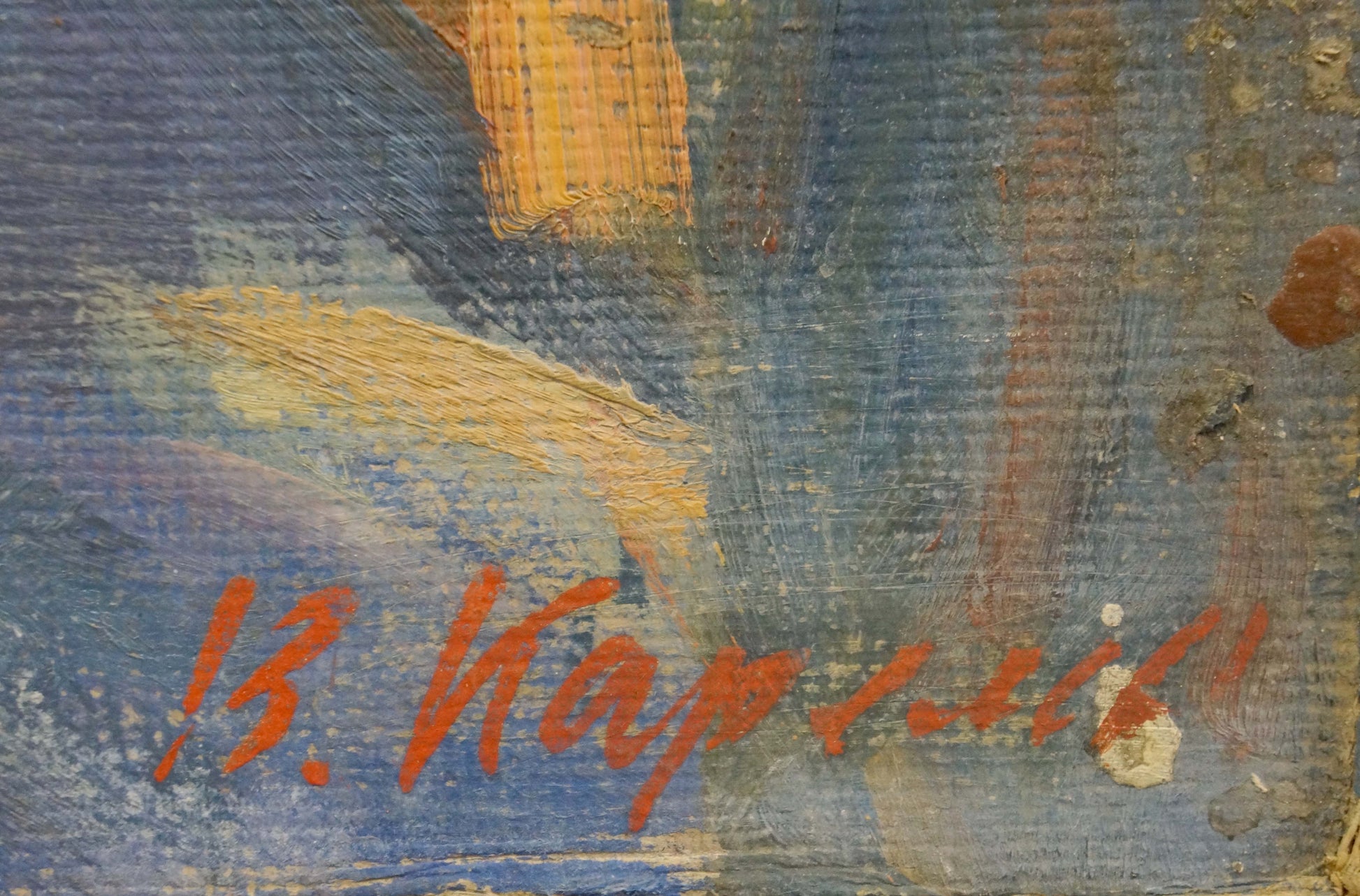 Orange cursive signature on textured blue yellow canvas by Karelin Vyacheslav