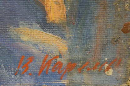 Orange cursive signature on textured blue yellow canvas by Karelin Vyacheslav