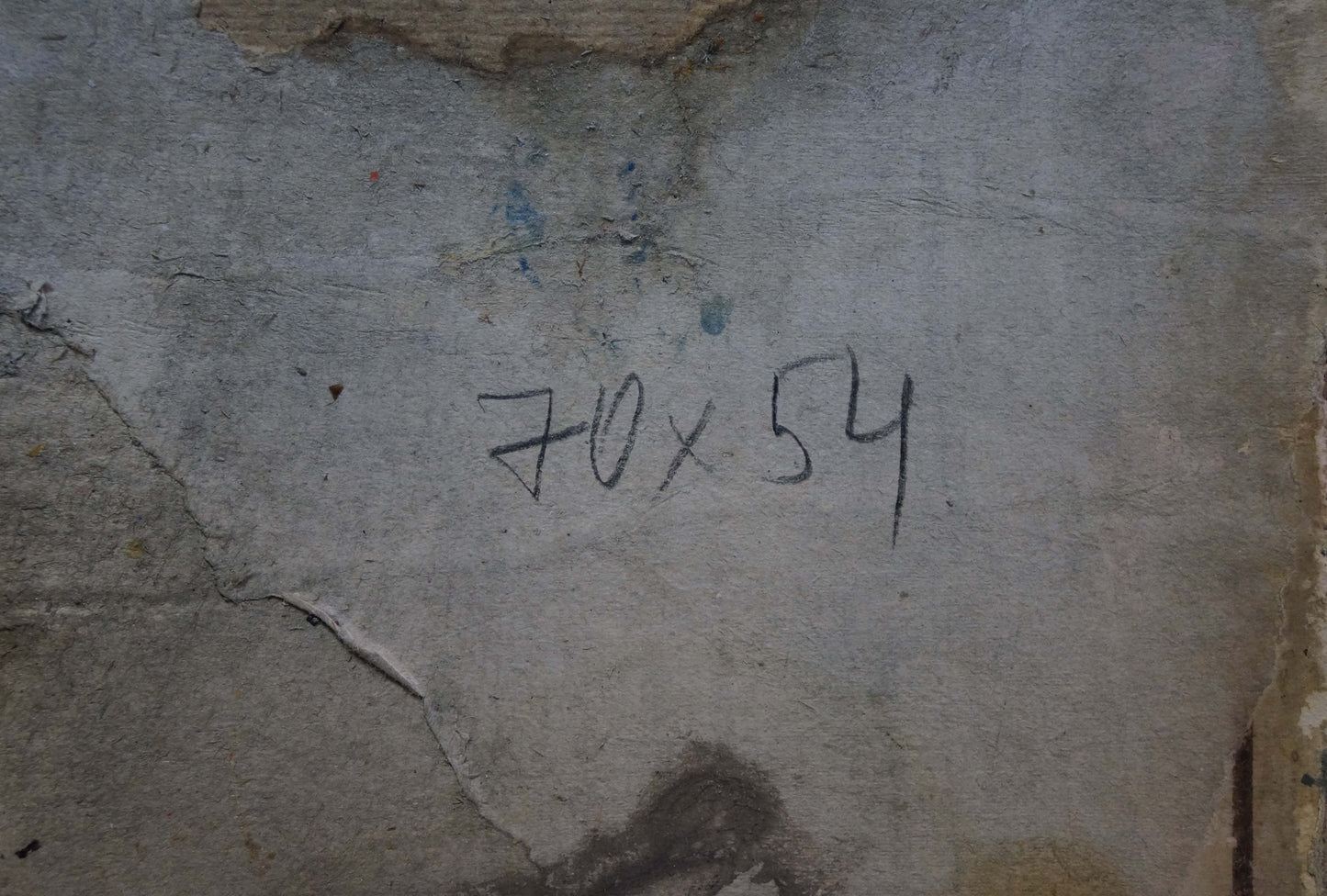 Back of oil painting Street landscape Karelin Vyacheslav with 70x54in marker markings on weathered gray concrete