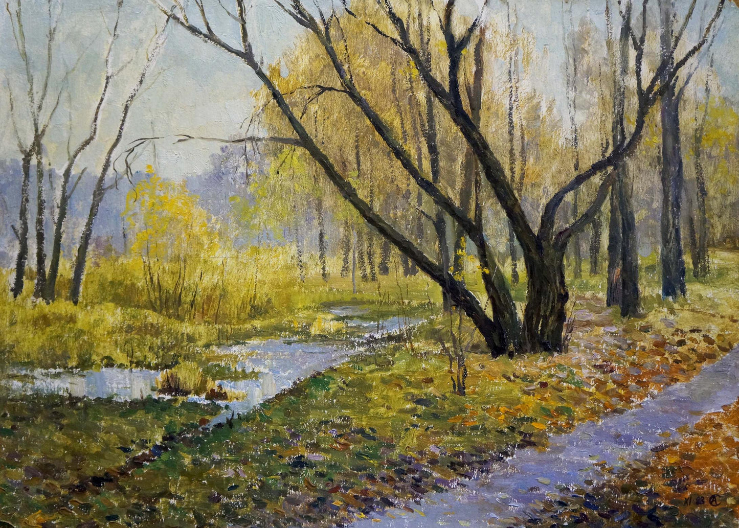 Oil painting by Sakhnenko Viktor Ivanovich: autumn forest with path and stream