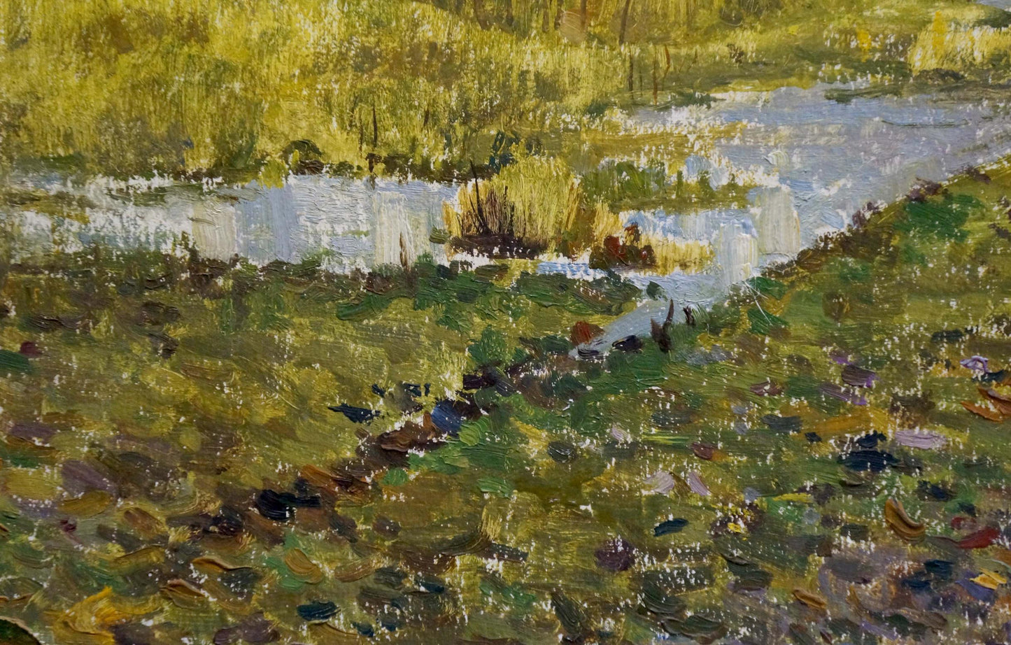 Oil painting by Sakhnenko Viktor Ivanovich: serene river in forest grasslands
