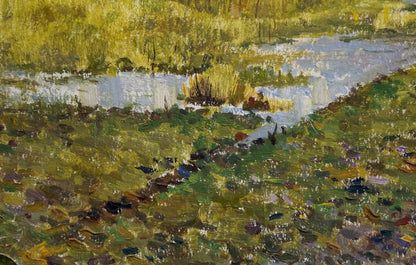Oil painting by Sakhnenko Viktor Ivanovich: serene river in forest grasslands