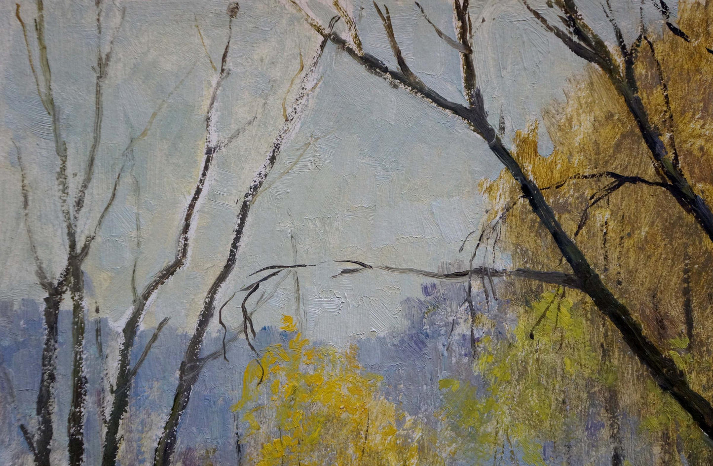Oil painting of bare dark tree branches and golden foliage by Sakhnenko Viktor Ivanovich