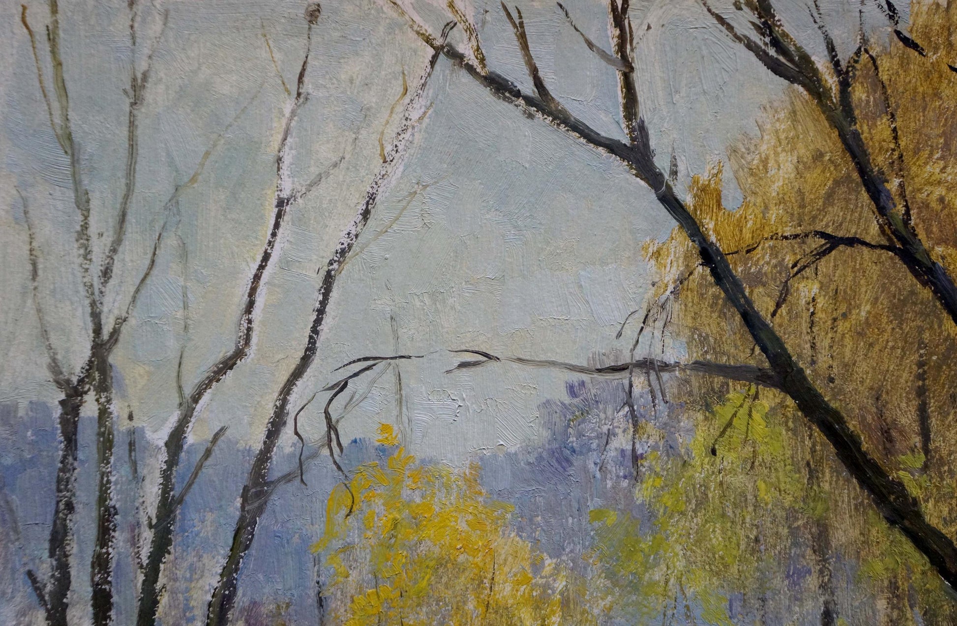 Oil painting of bare dark tree branches and golden foliage by Sakhnenko Viktor Ivanovich