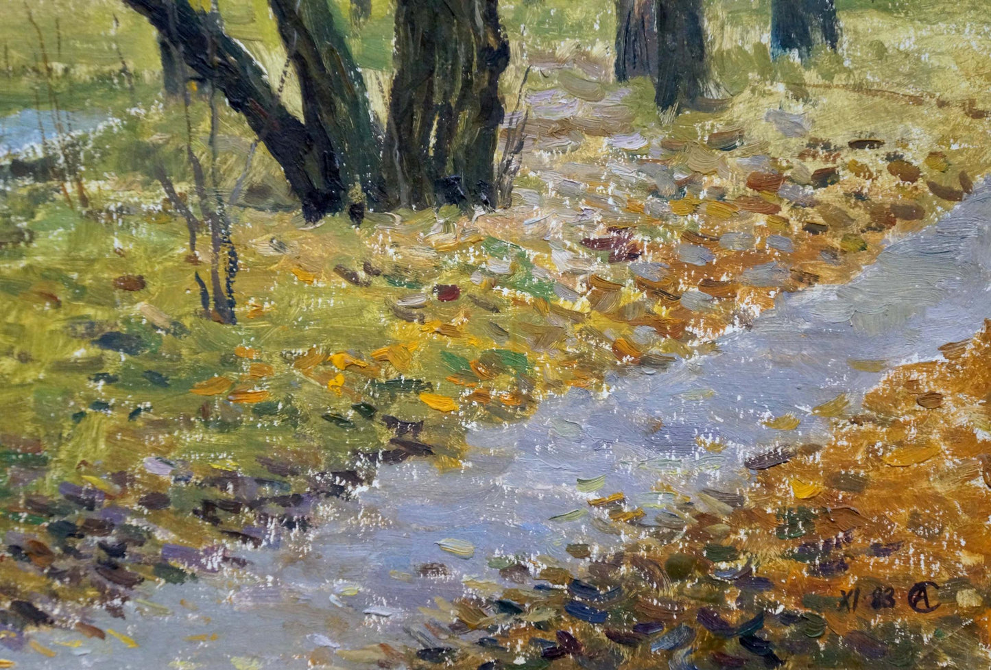 Oil painting by Sakhnenko Viktor Ivanovich: forest landscape with winding stream and autumn leaves