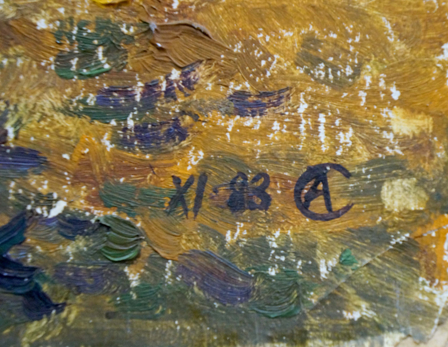 Oil painting landscape in forest by Sakhnenko Viktor Ivanovich with golden yellow and deep blue-green textured brushstrokes