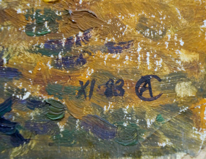 Oil painting landscape in forest by Sakhnenko Viktor Ivanovich with golden yellow and deep blue-green textured brushstrokes