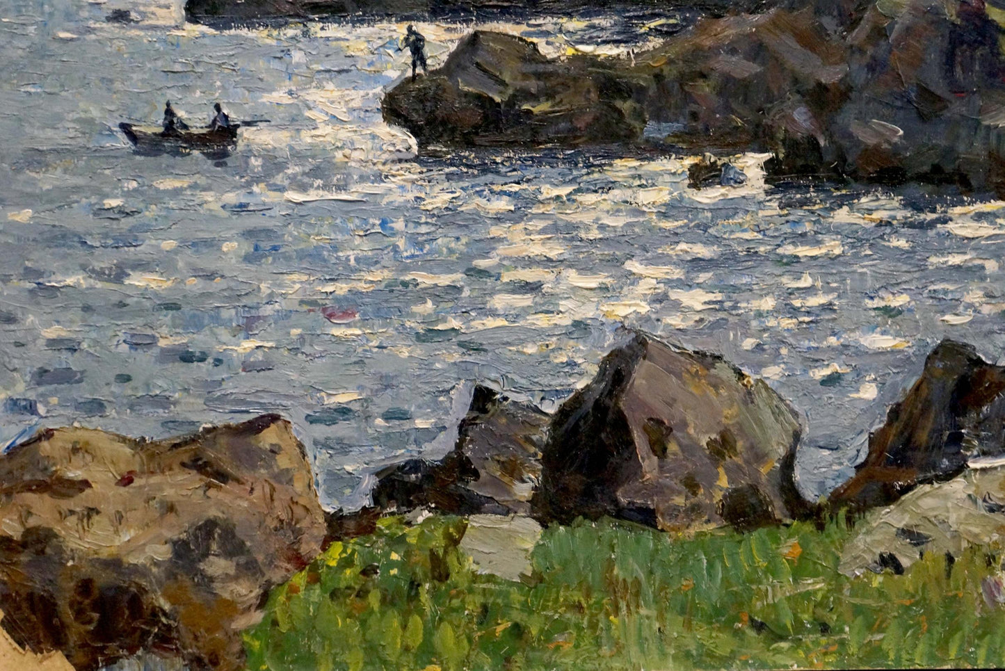 Oil painting of rocky shoreline with boats by Konovalov Yuri Alexandrovich