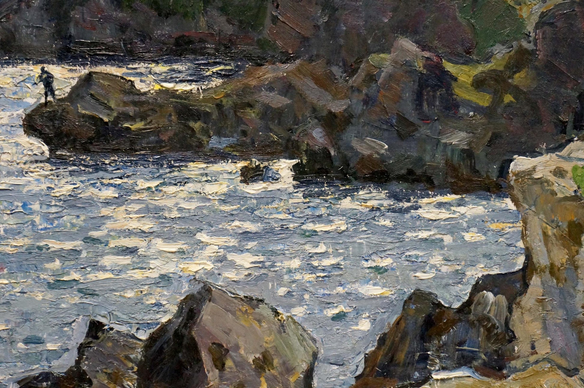 Oil painting by Konovalov Yuri Alexandrovich: river with choppy blue water around rocks