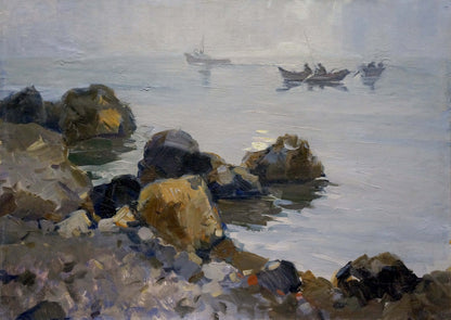 Textured oil painting of misty coastal fishing boats and rugged rocks